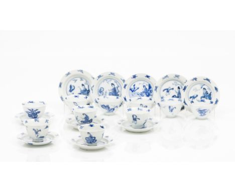 A set of bowls and saucersChinese porcelainBlue underglaze decoration of landscape with figuresSaucers lips and inner bowls d