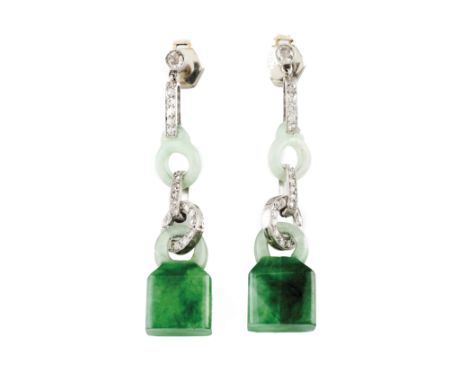 A pair of drop earringsGoldSet with small brilliant cut diamonds and jade drop elements France, 1st-half 20th centuryUnmarked