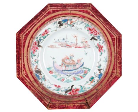 A plateChinese export porcelainPolychrome "Famille Rose" enamelled decoration of central mountainous landscape and children i