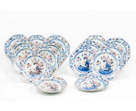 A part dinner setChinese export porcelainBlue underglaze and polychrome "Famille Rose" enamelled decoration of garden view wi