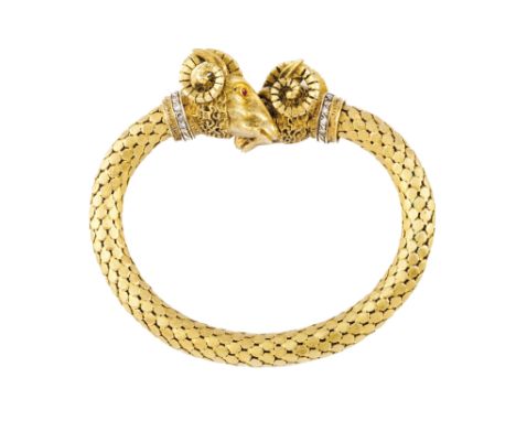A braceletGold in the Lalaounis styleTubular, flexible and chiselled mesh of two ram's heads finials with collars set with sm