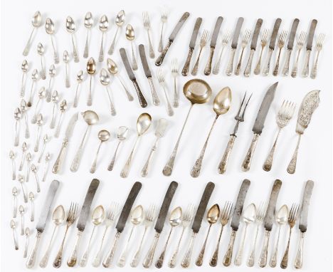A 12 covers cutlery setPortuguese silverGuilloche decoration to handles and engraved shield with "C" monogram12 soup spoons, 