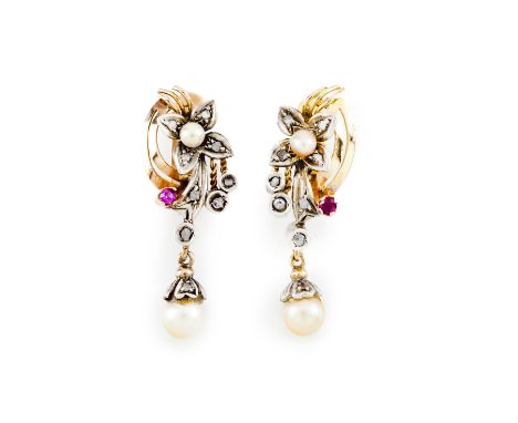A pair of earringsGold and silverFoliage inspired decoration set with rose cut diamonds, small ruby and a pearl dropPortugal,