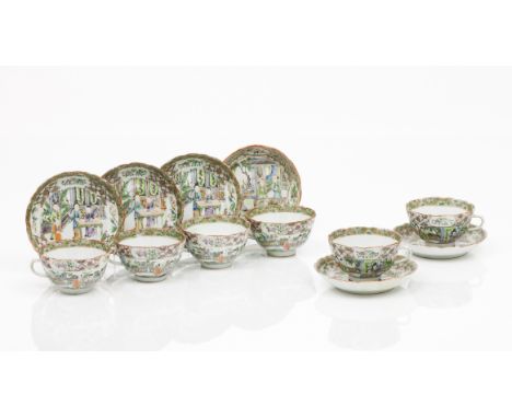 A set of six cups and saucersChinese porcelainPolychrome "Famille Rose" enamelled decoration of Chinese daily scenes and flow