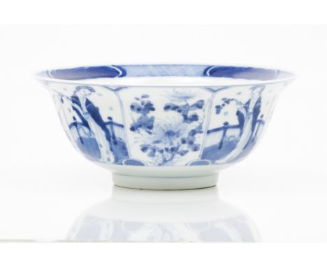A "Klapmuts" bowlChinese porcelainBlue underglaze decorationEight panel external decoration  alternating courtyard with femal