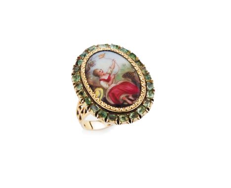 A Romantic era ringGold, 19th centuryCentral enamelled ceramic miniature depicting female figure framed by small various cuts