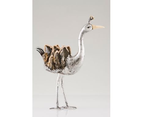 A long legged Luiz Ferreira birdPortuguese silverMoulded, engraved and chased sculpture of articulated neck and quartz crysta