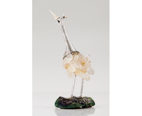 A Luiz Ferreira long legged birdSilverMoulded, engraved and chased sculpture  applied onto a quartz crystalIvory beak and gar