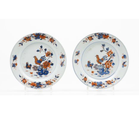A set of four platesChinese export porcelainPolychrome Imari decoration of landscape with cockerel , hen and chickFloral moti