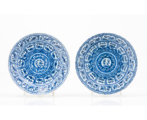A pair of Kangxi platesChinese export porcelainBlue underglaze floral decorationMarked to undersidesKangxi reign (1622-1722)(