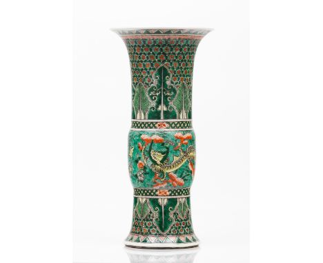 A cylindrical vaseChinese porcelainPolychrome "Famille Verte" enamelled decoration following Kangxi prototypes depicting drag