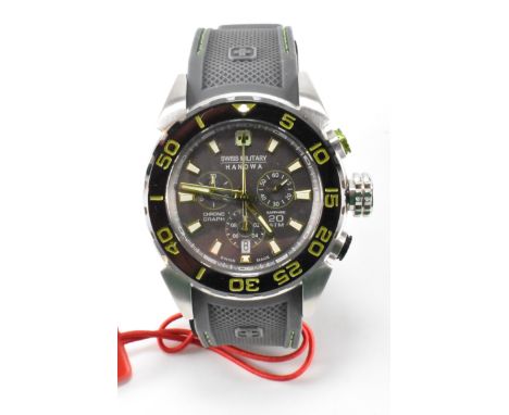 A Swiss Military Hanowa chronograph diver's watch. The watch having a round grey face with white baton numerals to the chapte