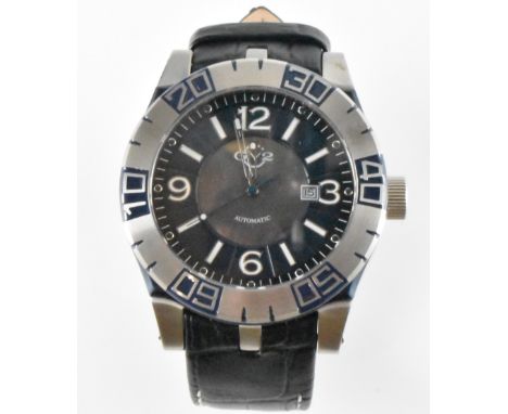 A gentleman's Gevril automatic wrist watch. The watch having a round face with a dial dial, blue chapter ring with arabic and