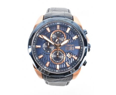 A Cerruti 1881 gentleman's chronograph wrist watch having a blue dial with rose gold tone baton numerals to the chapter ring,