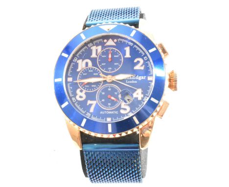 A Swan and Edgar 9094 automatic chronograph stainless steel wrist watch. The watch having a round blue face with white arabic