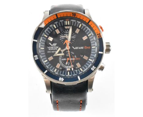 A Vostok V E Are One limited edition wrist watch. The watch having a round face with blue sunburst dial, with two subsidiary 