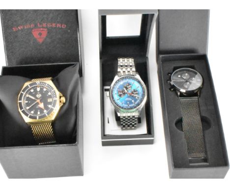 A group of wrist watches to include Sekonda, Breed and Swiss Legend. The Sekonda watch having baton numerals to the chapter r