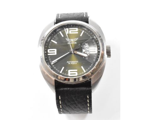An Aviator automatic gentleman's wrist watch with extra leather watch strap. The watch having a round face with baton and ara