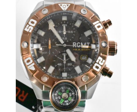 A RGMT 100m water resistant wrist watch. The watch having a round face with brown textured dial, three subsidiary dials, date