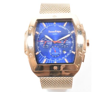 A gentleman's Swan and Edgar London stainless steel rose gold tone chronograph wrist watch. The watch having a round blue sun