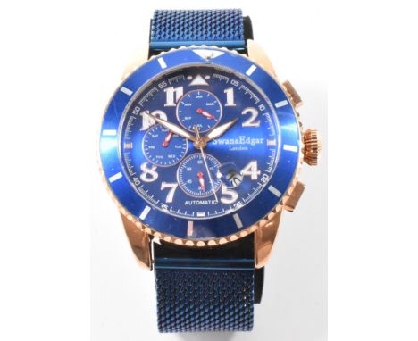 A Swan and Edgar 9094 automatic chronograph stainless steel wrist watch. The watch having a round blue face with white arabic