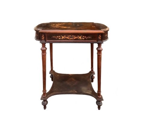 h 74 cm, 70x42 cm Interior in maple wood, inlays in light woods with a floral character on the tops and sides 