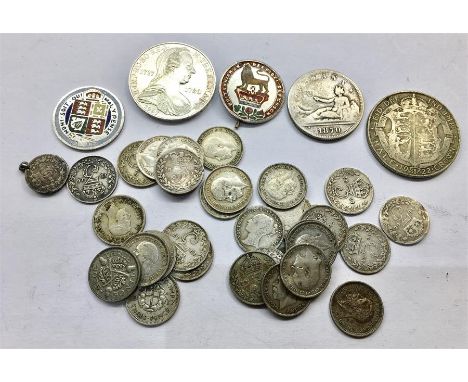 Collection of Silver Coins , 2 enamel shillings 6 & 3 pence coins total weight 90g 