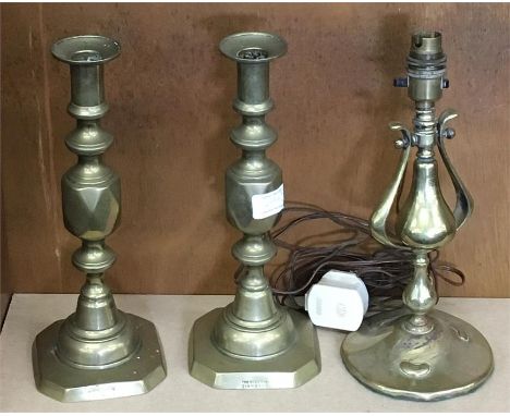 Pair of large victorian brass candle stick and a art nouveau lamp 