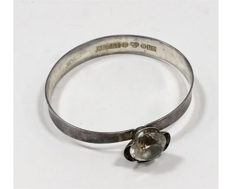 Signed Silver (Sweden Hallmark) Alton 1960's bangle with rock crystal, Designed as a plain tapered bangle, to a four claw set