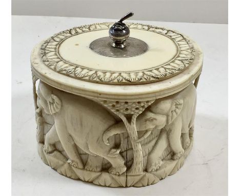 Antique 19th Century Indian Ivory Tea Caddy  measures approx 3ins tall not including finial deep carved border of elephants w