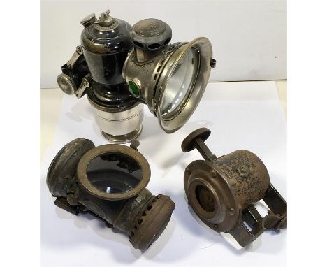 Antique Joseph  Lucas Carbide Bike BicycleI Lamp Light 314N Aceta Major & 1other bike lamp with a Antique Bicycle Horn 