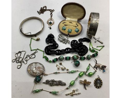Collection of Antique / Vintage Jewellery includes silver bangles ,enamel buttons vulcanite link chain etc 