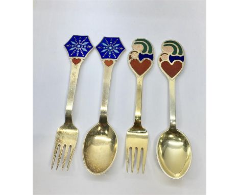 2 Pair Of Silver & Enamel Denmark Year Spoons And Forks  by A.Michelsen 1968 & 1976 hallmarked Sterling Denmark total silver 