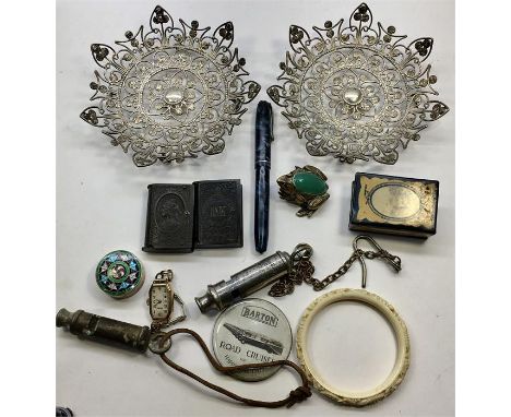 box of Misc items includes carved bangle ,whistles 14ct gold nib conway stuart fountain pen etc white metal baskets 