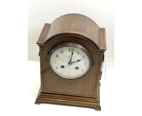 Edwardian inlaid mantel clock by goldsmith and silversmiths company regent street London mahogany case with shell inlay measu