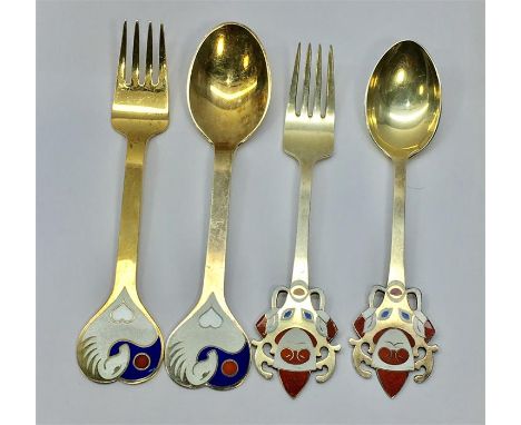 2 Pair Of Silver & Enamel Denmark Year Spoons And Forks  by A.Michelsen 1952 & 1978 hallmarked Sterling Denmark total silver 