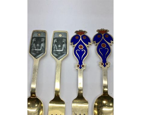 2 Pair Of Silver & Enamel Denmark Year Spoons And Forks  by A.Michelsen 1973 & 1974 hallmarked Sterling Denmark total silver 