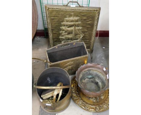 A brass coal scuttle, fire screen, etc. 