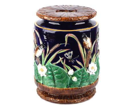 A George Jones majolica barrel form garden seat, moulded with a frieze of birds and lotus flowers, impressed marks to base, d