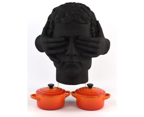 Lene Bierre, a bust of a man with his eyes covered, together with a collection of kitchen items, to include two Le Creuset po