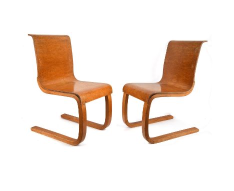 Alvar Aalto (Finnish, 1898-1976) for Finmar, pair of model 21 burr birch plywood chairs, each with Finmar labels to the backs