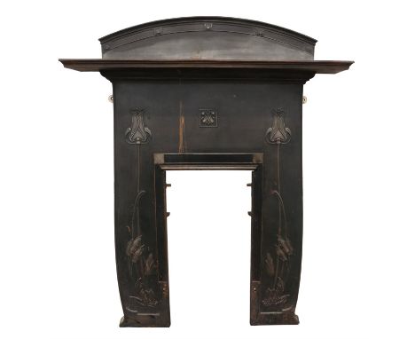 Art Nouveau style cast iron fire surround, with a shelf and stylised tulip motifs, rear with a registration number, H 153cm, 