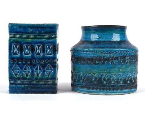 Bitossi, two blue vases, one of cylindrical form, with impressed geometric designs, impressed mark for Italy, painted mark 72