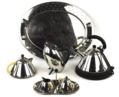 Michael Graves for Alessi, a chrome tea pot, together with matching cream jug, sugar basin on a stand, a kettle and stand and