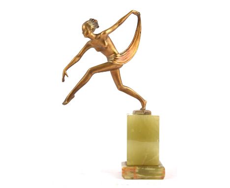 A Josef Lorenzl gilt bronze model of a Scarf Dancer, C.1930, signed to cast and raised on a stepped onyx base, height 19cmCon