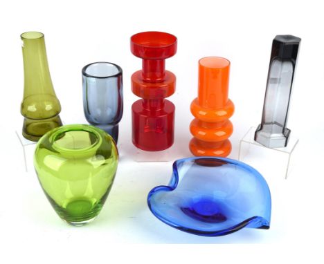 A  collection of mid-20th century coloured glass wares including ; an Orrefors blue vase of twin tapering section, height 25c