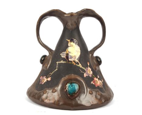 Bretby, Arts and Crafts style conical vase, with curling handles, applied with faux cabochons, decorated with birds and prunu