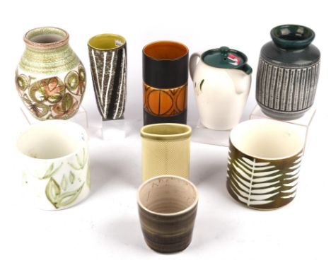 A small collection of mid 20th century studio pottery vases including ; Bourne Denby by Glyn Colledge decorated with stylised