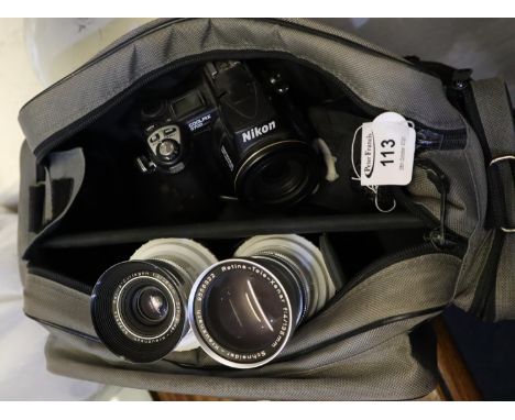 Textile photographers bag, together with Nikon Coolpix 570 digital camera with charger and two unassociated Schneider camera 
