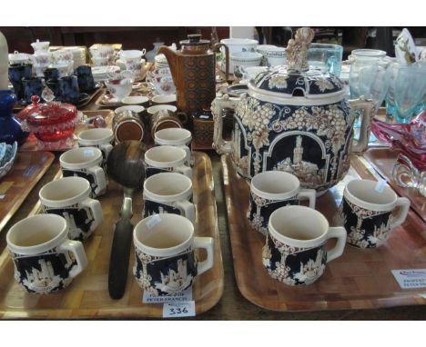 German pottery Rumtoft two handled lidded jar with associate horn ladle and matching mugs. (B.P. 21% + VAT) 